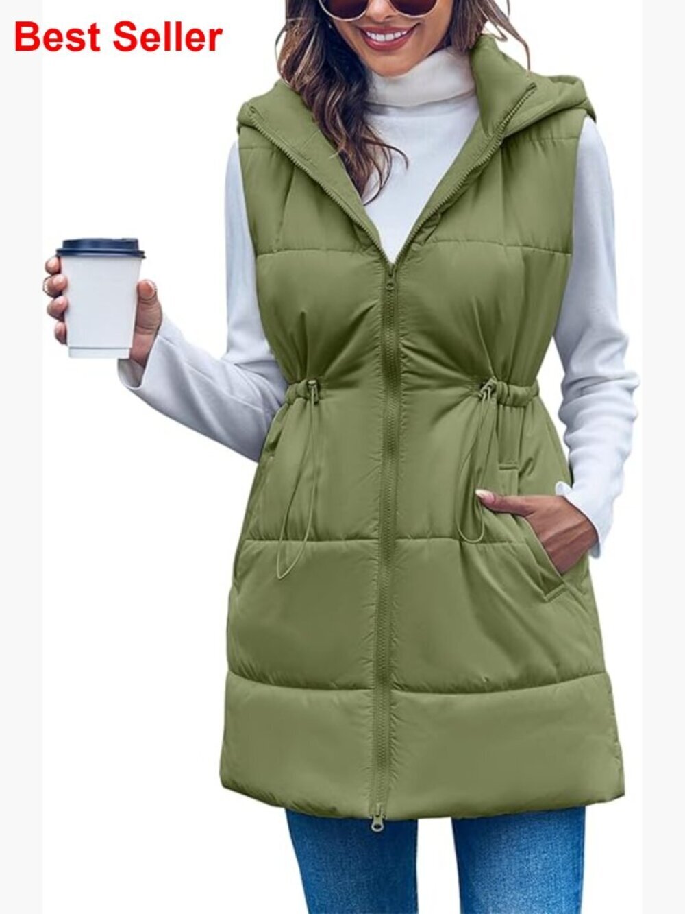 Quilted Puffer Vest Hooded Sleeveless Long Zip Up Winter Coat